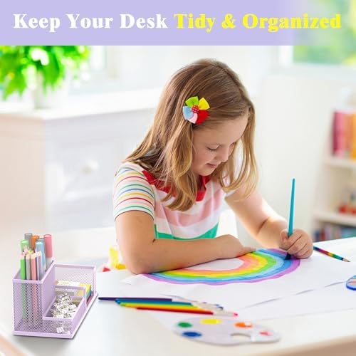 SUPEASY Mesh Pen Holder Desk Organizer, Office Supplies Pencil Storage with 3 Compartments, Office Desk Accessories and Workspace Organizers for Home School Classroom, Purple