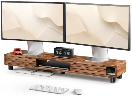 Tinamo 42.5" Dual Monitor Stand Riser with Sliding Doors – Solid Acacia Wood Desk Shelf for 2 Monitors, Desktop Organizer with Storage, Ergonomic 5" Height for Computer, Laptop, Printer, TV