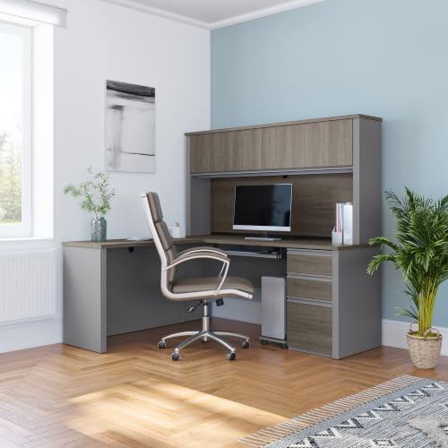 Bestar L-Shaped Desk with Hutch, Bark Grey, Prestige +, 72W