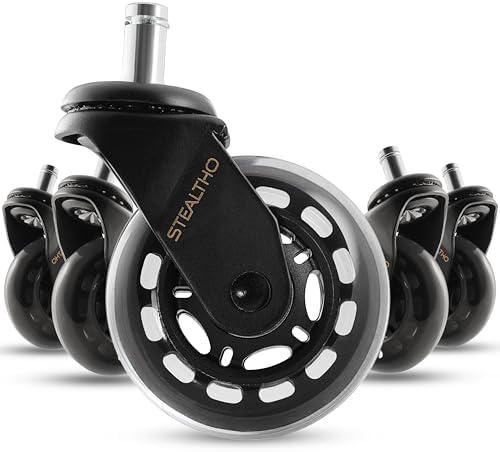Stealtho Original Office Chair Wheels Set of 5 - Protect Hardwood Floor & Carpet - Heavy Duty Replacement Casters - Clean Soft Polyurethane - Standard Fit 7/16" x 7/8"