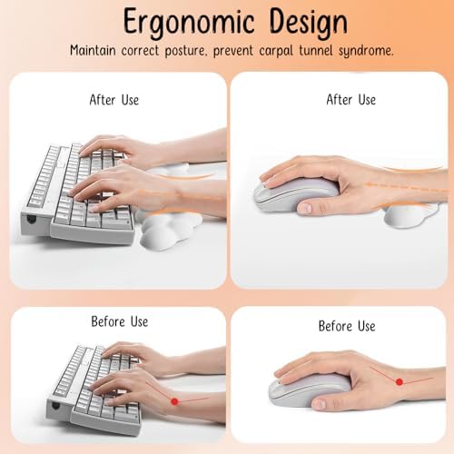Keyboard Wrist Rest Mouse Wrist Support Set, Cloud Keybroad Wrist Rest Pad with Non-Slip PU Base, Memory Foam Wrist Rest for Pain Relief Computer Laptop Gaming Home Office, White