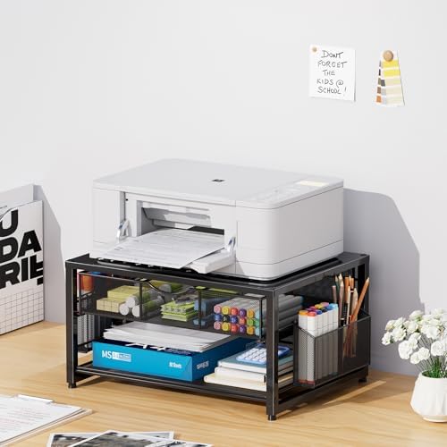 Marbrasse Metal Printer Stand for Desk with Storage Drawer and 2 Pen Holders, 2-Tier Desktop Organizer Printer Table for Home Office, Multi-Purpose Desk Organizer for Fax Machine Scanner Files(Black)