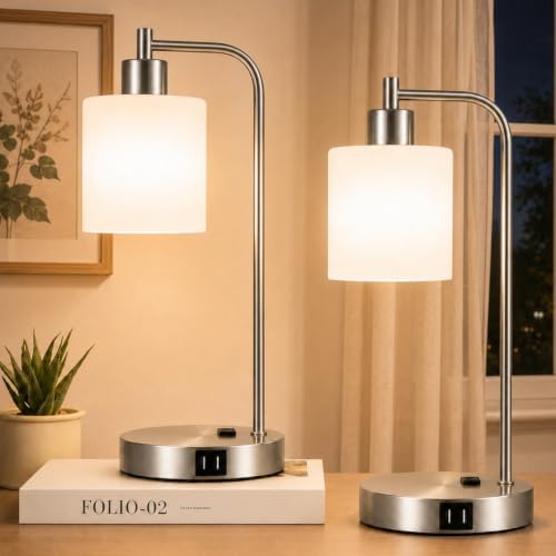 Set of 2 Industrial Touch Control Table Lamps with 2 USB Ports and AC Outlet - 3-Way Dimmable Nickel Bedside Lamp Nightstand Desk Lamps for Bedroom Living Room, Opal Glass Shade & 2 LED Bulbs Included