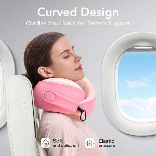 KPNEOL Travel Pillow, 100% Pure Memory Foam Travel Neck Pillow Airplane Neck Support Ergonomic Design for Traveling Suitable for Airplanes (Cool Pink, Standard, C-Shape)