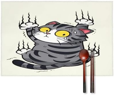Cute Cat Stretching with Claws Out Washable Placemats Set of 4, Durable Heat Resistant Table Mats 17.7 X 11.8 Inch for Dining Table Kitchen Decor Indoor Use