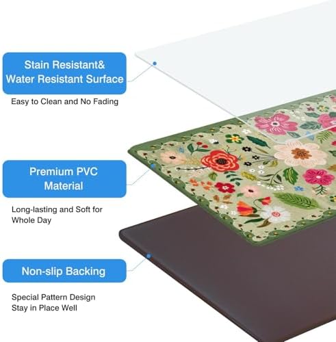 Boho Floral Anti Fatigue Kitchen Rugs and Mats, 17.3"x47"+17.3"x29"