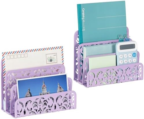 EasyPAG Mail Organizer Countertop 2pc Desk Mail Sorter for Envelope 3-Slot Vertical Letter Holder for Office, Home, School, Purple