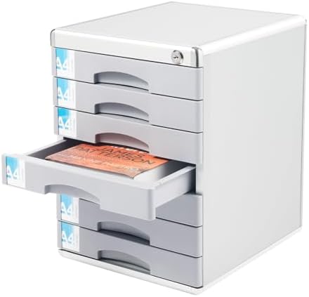 Desk Organizer with 7 Drawers, Metal Desktop Storage Cabinet File Holder with Locks and Keys, Filing Case Literature Organizer for Office Home, L11.8*D14*H16in, Silver & Grey
