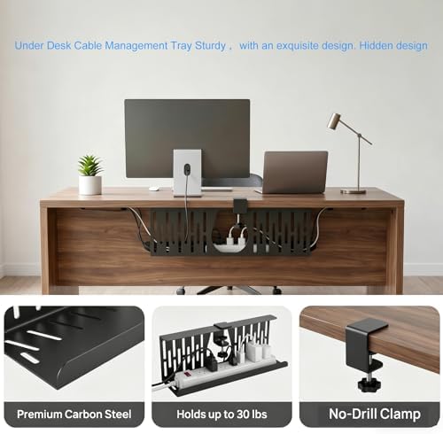 Under Desk Cable Management Tray, Cord Organizer for Desk Cable Management Tray Under Desk with Clamp for Home Office, Standing Desk(1Pack，Black)
