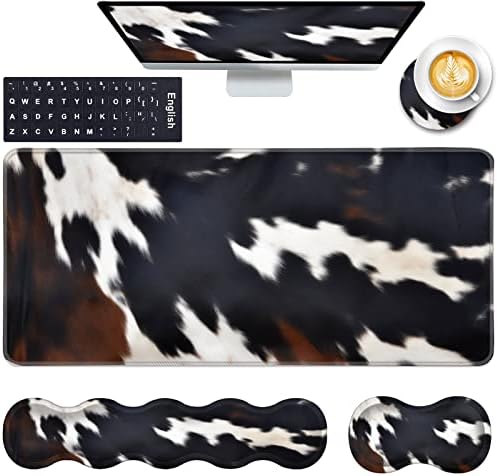 Keyboard Wrist Rest and Mouse Pad with Wrist Support Set Ergonomic Coaster,Memory Foam,Easy Typing Pain Relief,Large XL Desk Mat 31.5"x 11.8",Cute Cowhide Brown Black Cow