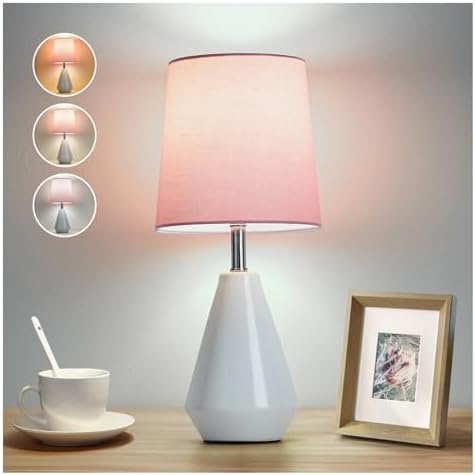 Small Bedside Table Lamp for Bedroom - Reading Desk Lamp with 3 Color Temperatures，15.5" Nightstand Ceramic Lamp with Fabric Shade for Kids Room,Living Room,Dorm,Home Office (White+Pink