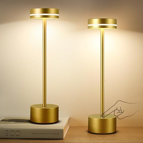 2 Pack LED Cordless Table Lamp Rechargeable, 5000mAh Portable Battery Operated LED Desk Lamp, 3 Color Dimmable Table Light for Reading/Home Office/Dining for Home Décor – Bright Gold