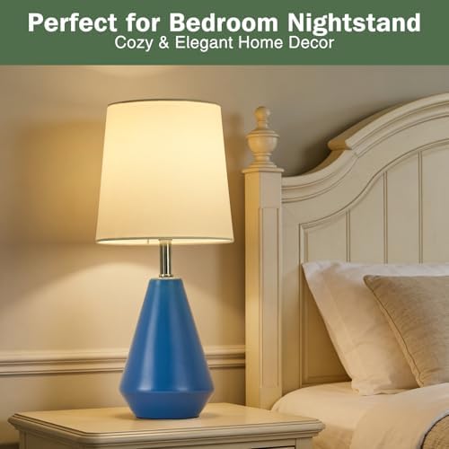 Small Bedside Table Lamp for Bedroom - Reading Desk Lamp with 3 Color Temperatures，15.5" Nightstand Ceramic Lamp with Fabric Shade for Kids Room,Living Room,Dorm,Home Office (Blue+White)