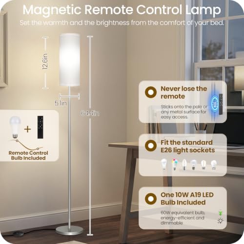 Dimmable Floor Lamps for Living Room with Remote and Foot Switch, 64.4” Modern Standing Tall Lamp, Corner Lamp for Bedroom, Office, Bulb Included, 3000K-6500K, White and Silver, FCC Listed SCW06LD05W1