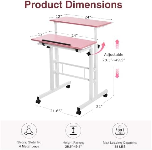 VECELO Small Mobile Standing Desk 24 Inch, Adjustable Height Portable Stand Up Desk with Wheels Computer Workstations, Rolling Laptop Cart, Pink