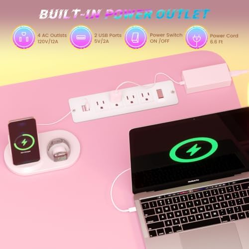 SEDETA Small Standing Gaming Desk, 31.5" Rolling Computer PC Desk Electric Height Adjustable with Power Outlet, Pegboard & Storage Shelves, LED Light, for Small Spaces/Bedroom/Gaming/Girl Room, Pink