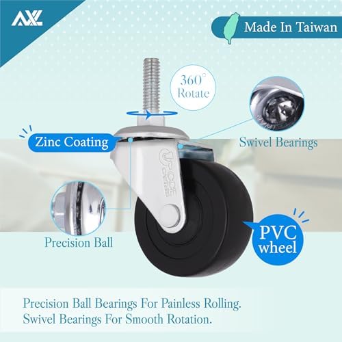 AXL 5/16 UNC Threaded Stem Caster Wheels Set of 4, 2 Inch Swivel Casters (2 Locking, 2 Non-Locking), 1" (25mm) Stem Length Replacement Wheels for Utility Cart, Shelf, Cabinet, Furniture