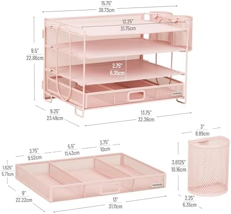 Mind Reader Mesh Desk Organizer, 3 Trays, 1 Drawer, 2 Pen Holders, Office Desktop Organizer, Metal Mesh, Pink