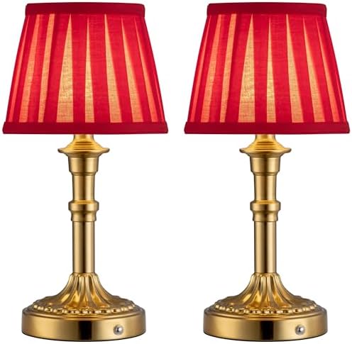 KDG Gold Cordless Table Lamps Set of 2, Red Fabric Shade Small Desk Lamp