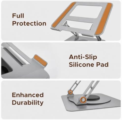 Aluminum Laptop Stand for Desk, Heavy Duty Computer Stand with 360° Rotating Base, Ergonomic Adjustable Height Notebook Riser, Compatible with MacBook Pro/Air, Dell, HP, 10-17” Laptops - Silver