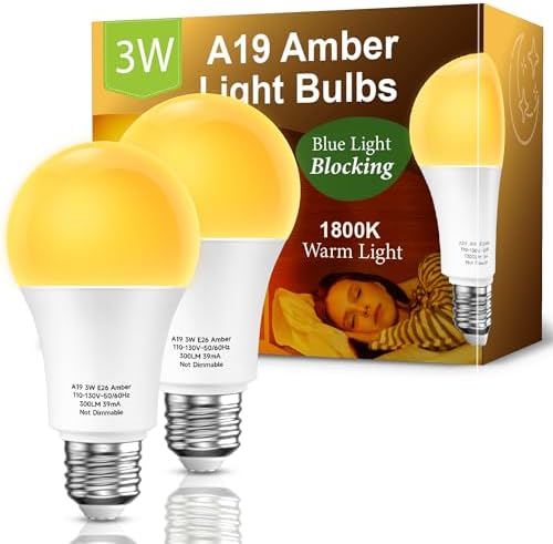 Amber Sleep Light Bulbs 2 Pack: 3W 1800K, 40W Equivalent, E26