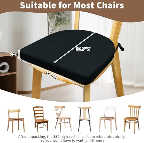 Chair Cushions for Dining Chairs 4 Pack 35D High-Density Foam Seat Cushions for Kitchen Chairs with Ties Non Slip and Removable Cover Chair Pads 16.5" x 16.5" x 2" (Black)