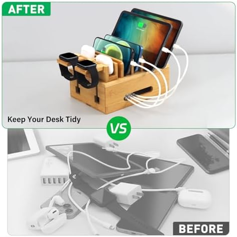 Bamboo Charging Station for Multiple Devices, Multi-Port USB Charger Organizer Stand for Phone, Earphone, Smart Watch, Desktop Cord Storage Holder for Home Office