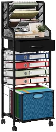 SWTYMIKI 10-Tier Rolling File Cart - Mesh Paper Organizer with Drawer and Hanging File Folders on Lockable Wheels, Rolling File Cabinet for Office Organization, Storage in Home, Studio, School, Black