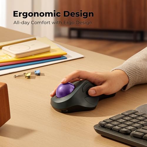 Wireless Ergonomic Trackball Mouse, Large Hands, 44mm Index Finger Control