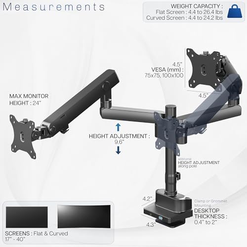 VIVO Premium Aluminum Full Motion Dual Monitor Desk Mount Stand with Lift Engine Arm, Pole Extension, and USB Ports, Fits Ultrawide Screens up to 40 inches, STAND-V102BDU