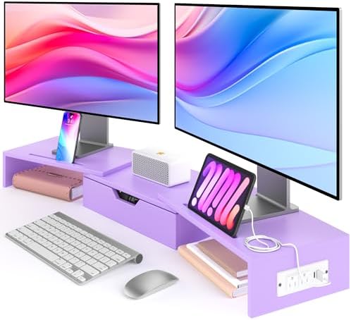 Dual Monitor Stand with USB Ports Wood Monitor Stand Riser with Drawer