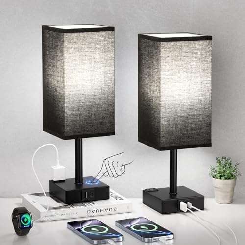 Set of 2 Black Table Lamp for Bedroom - Dimmable Touch, USB C+A, AC Outlet