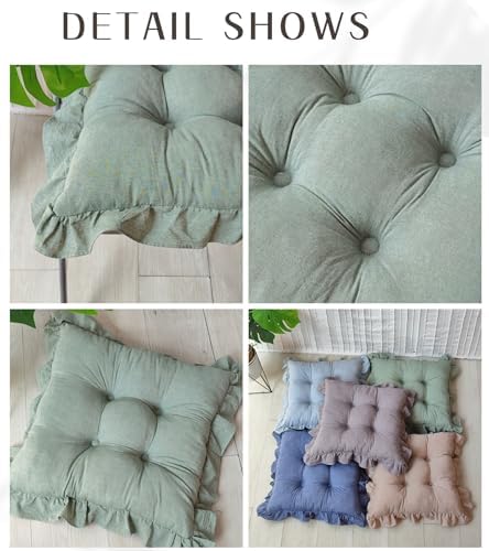 Tufted Cotton Chair Cushions Set of 2 Solid Color Soft Comfort Chair Pads with Ruffles Farmhouse Country Seat Cushions for Kitchen Indoor Dining Room Patio Chairs (Green,17"x17")