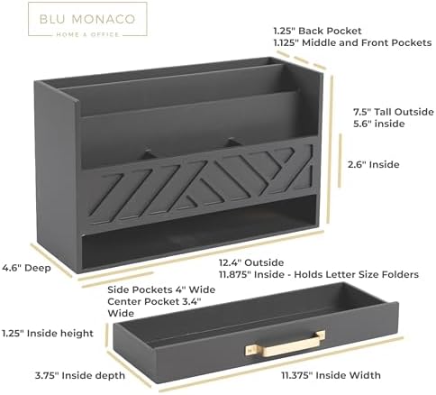 BLU MONACO | Wooden Mail Organizer with Drawer Gold Handle | Mail Sorter Organizer Countertop and Outgoing Mail Holder | Tabletop Organizer with Drawers Grey Desk Storage