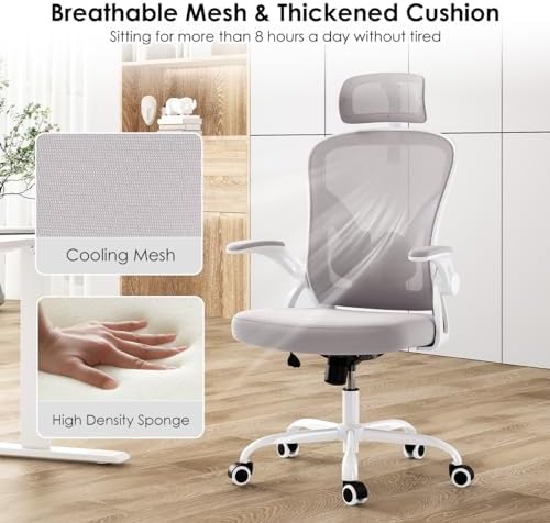 Mesh Office Chair with Headrest, Flip-Up Armrests, 350lb Capacity, Gray