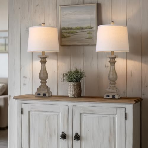 28" Tall Farmhouse Table Lamps Set of 2 with USB C+A Ports and AC Outlet, 3 Way Touch Control Rustic Bedside Lamp for Bedroom, Brown Vintage Nightstand Lamp for Living Room Office