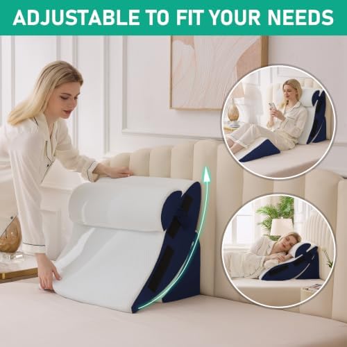 4PCS Wedge Pillow Set for After Surgery, Orthopedic Bed Wedge Pillow for Back Pain Relief, Sitting Up in Bed, Acid Reflux, Adjustable Post Surgery Pillows for GERD, Snoring, White/Navy