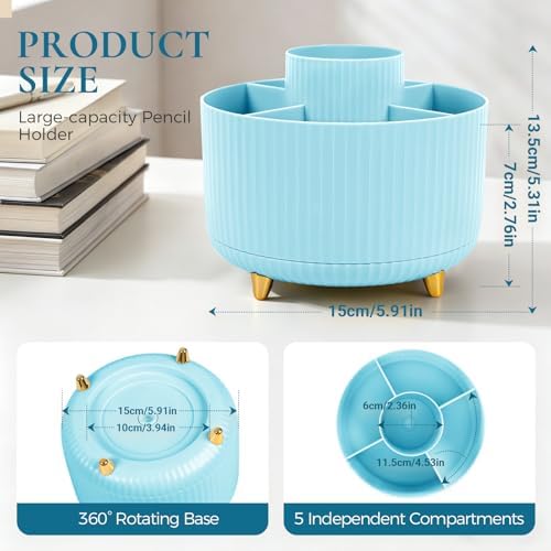 KONVINIT Pencil Pen Holder for Desk, 5 Slots 360-Degree Rotating Desktop Organizer, Cute Desk Organizers and Accessories for School, Home, Office and Art Supply, Blue