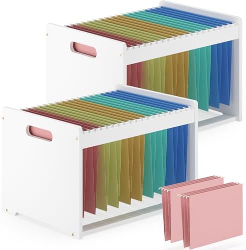 Bamboo Hanging File Box Organizer, Wood File Folder Storge, 2 Pack, White