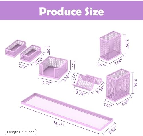 Pen Holder for Desk, 6-Piece Mesh Desk Organizer with Phone Holder, Purple