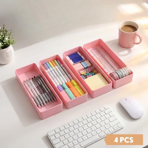 Teling 4 Pcs Pink Plastic Desk Drawer Organizer Pen Tray Shallow