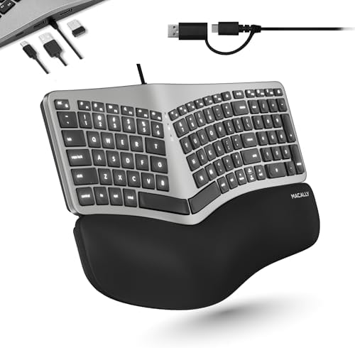 Macally Wired Ergonomic Keyboard for Mac - USB Hub, Backlit Keys, Dual USB C + A Plug, Split Design, Padded Wrist Cushion - Compatible Apple Keyboard for MacBook Pro/Air, iMac, iPad - Space Gray