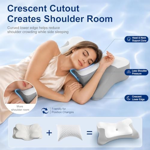 jiaao Cervical Neck Pillow for Pain Relief, Memory Foam Neck Support, White