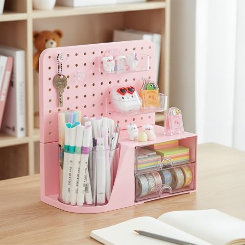 Comix Desk Organizer with 2 Drawer, Pink 360° Rotating Pen Holder for Desk
