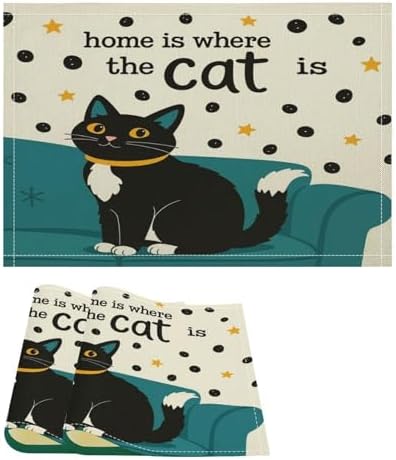 Home is Where The Cat is Linen Placemats Set of 2PCS, Heat Resistant Non-Slip Washable Table Placemats for Dining Everyday Use Hotel Banquet Home Decor