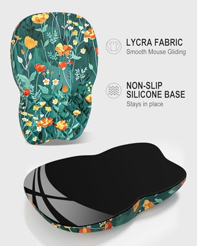 Auhoahsil Ergonomic Mouse Pad with Wrist Rest, Slope Computer Mouse Mat with Wrist Support, Memory Foam Filling, Non-Slip Silicone Base, Pain Relief, for Gaming & Work, 8 x 12 in, Green Flowers