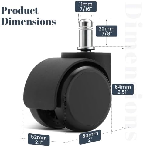 Mellewell 2" Office Chair Wheels with Cover, Black, 5 PCS