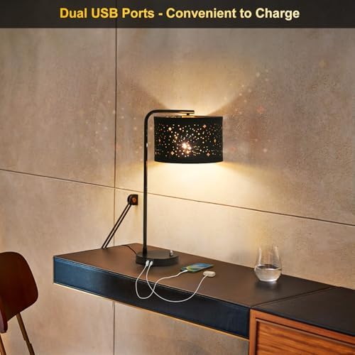 Bedside Table Lamp with USB C+A Ports, 25" Tall Fully Dimmable Side Lamp