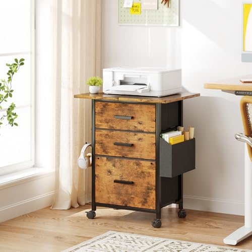 3-Drawer Mobile File Cabinet with 22" Wide Printer Stand, Fabric Filing Cabinet with Side Bag & Headphone Hook, Fits Letter/A4 Size Hanging File Folders, Rolling Home Office Organizer, Rustic Brown
