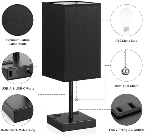 Black Lamp for Bedroom - 3 Color Temperatures, USB A+C, 2 AC Outlets